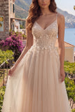 Champagne A-Line Tulle Floral Long Prom Dress with Appliques