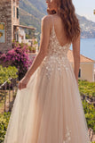 Champagne A-Line Tulle Floral Long Prom Dress with Appliques
