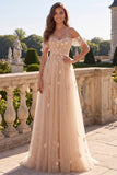 A-Line Tulle Champagne Off the Shoulder Corset Long Prom Dress with Appliques