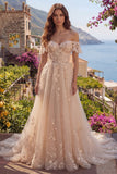 A-Line Tulle Champagne Off the Shoulder Corset Long Prom Dress with Appliques