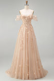 A-Line Tulle Champagne Off the Shoulder Corset Long Prom Dress with Appliques