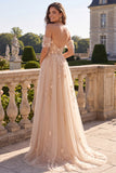 A-Line Tulle Champagne Off the Shoulder Corset Long Prom Dress with Appliques