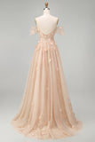 A-Line Tulle Champagne Off the Shoulder Corset Long Prom Dress with Appliques