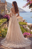 A-Line Tulle Champagne Off the Shoulder Corset Long Prom Dress with Appliques