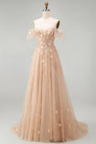 A-Line Tulle Champagne Off the Shoulder Corset Long Prom Dress with Appliques