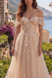 A-Line Tulle Champagne Off the Shoulder Corset Long Prom Dress with Appliques