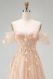 A-Line Tulle Champagne Off the Shoulder Corset Long Prom Dress with Appliques