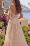 A-Line Tulle Champagne Off the Shoulder Corset Long Prom Dress with Appliques