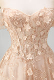 A-Line Tulle Champagne Off the Shoulder Corset Long Prom Dress with Appliques
