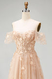 A-Line Tulle Champagne Off the Shoulder Corset Long Prom Dress with Appliques