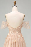A-Line Tulle Champagne Off the Shoulder Corset Long Prom Dress with Appliques