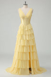 Butter Yellow Chiffon A-Line V-Neck Corset Tiered Ruched Maxi Dress with Slit