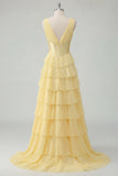 Butter Yellow Chiffon A-Line V-Neck Corset Tiered Ruched Maxi Dress with Slit