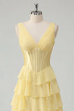 Butter Yellow Chiffon A-Line V-Neck Corset Tiered Ruched Maxi Dress with Slit