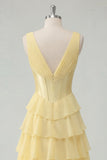 Butter Yellow Chiffon A-Line V-Neck Corset Tiered Ruched Maxi Dress with Slit