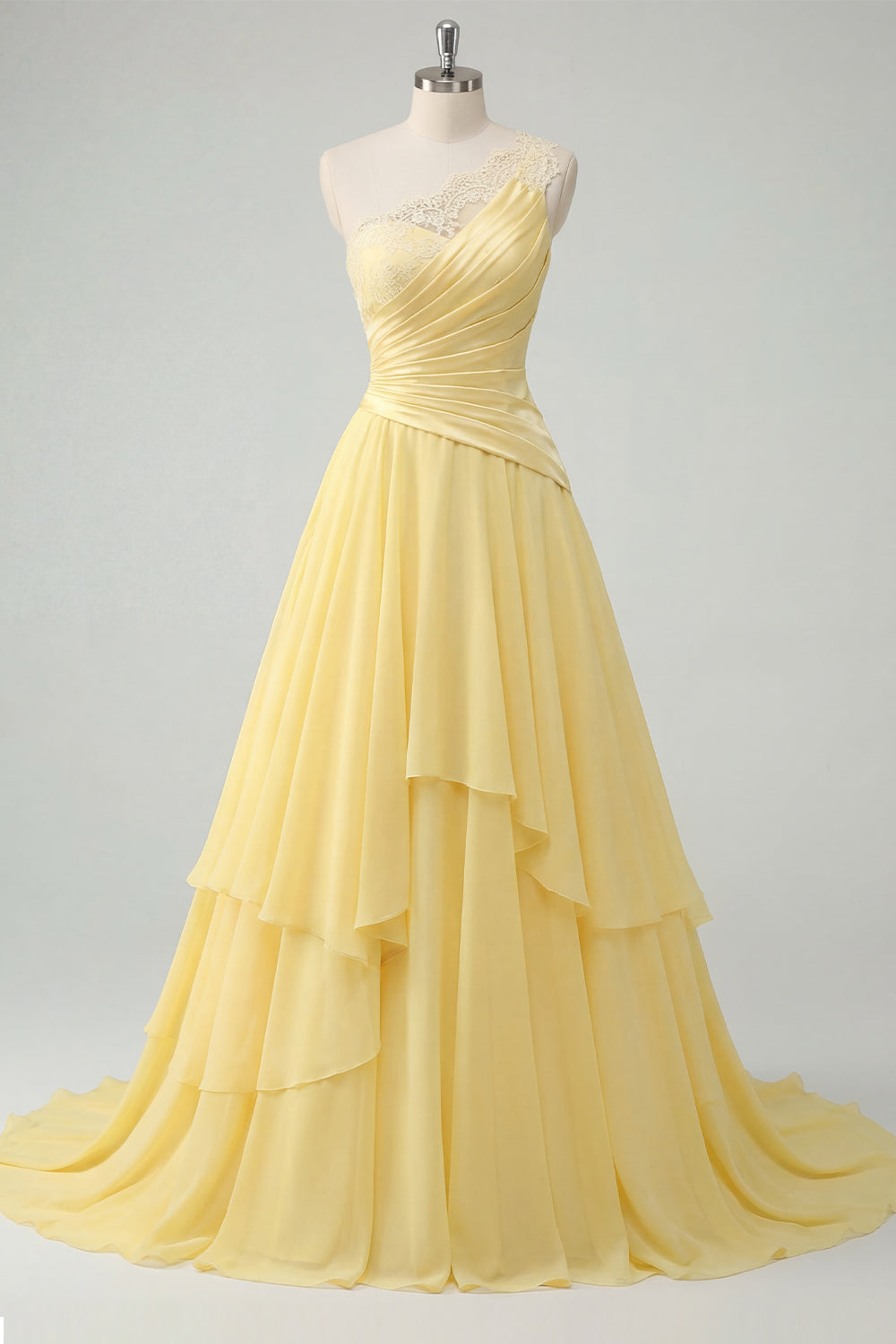 ZAPAKA Women Butter Yellow Chiffon Maxi Dress A-Line One Shoulder Ruched Prom Dress, Butter Yellow / US14