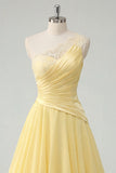 Chiffon Butter Yellow A-Line One Shoulder Ruched Maxi Dress