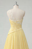 Chiffon Butter Yellow A-Line One Shoulder Ruched Maxi Dress