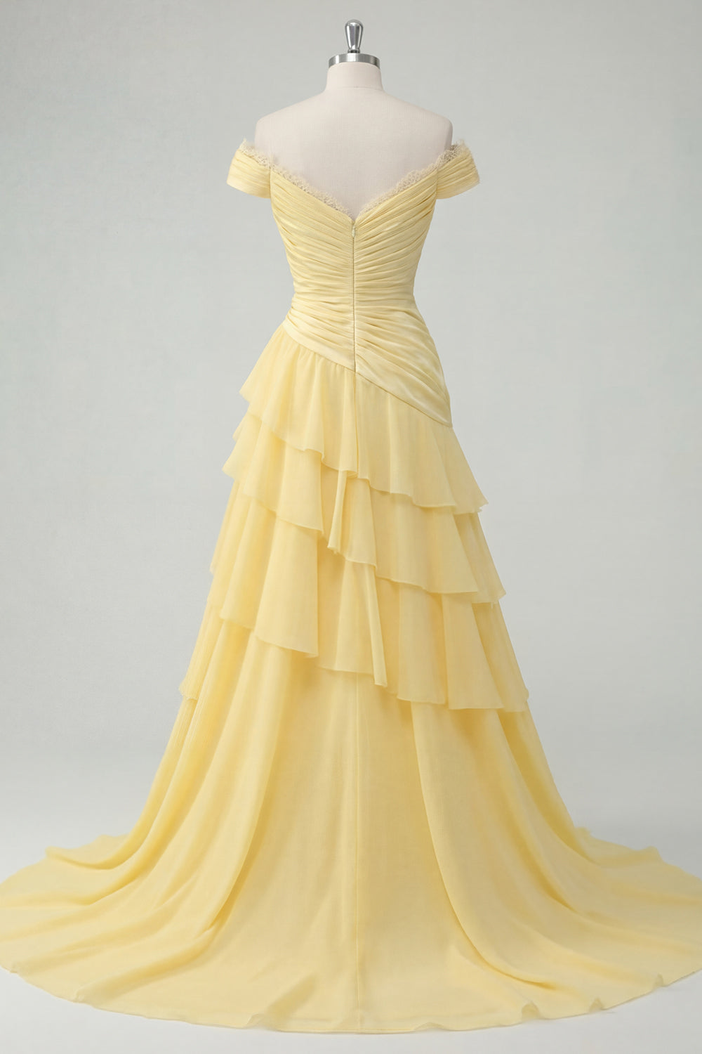 white christmas dresses Off the Shoulder Chiffon Butter Yellow A-Line Ruched Tiered Maxi Dress with  Slit