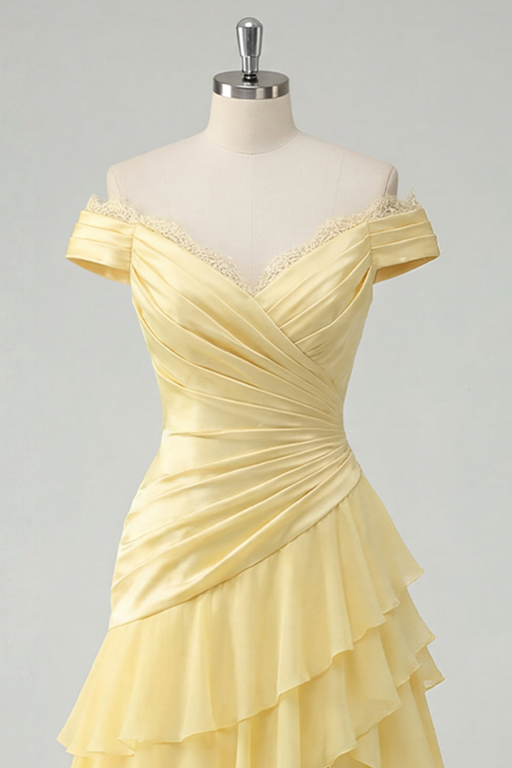 ZAPAKA Women A-Line Chiffon Maxi Dress Butter Yellow Off the Shoulder  Ruched Tiered Prom Dress with Slit