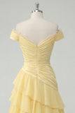 Off the Shoulder Chiffon Butter Yellow A-Line Ruched Tiered Maxi Dress with Slit