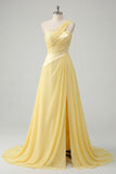 A-Line Chiffon Butter Yellow One Shoulder Ruched Maxi Dress with Slit