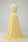 A-Line Chiffon Butter Yellow One Shoulder Ruched Maxi Dress with Slit