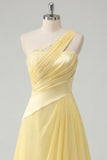 A-Line Chiffon Butter Yellow One Shoulder Ruched Maxi Dress with Slit