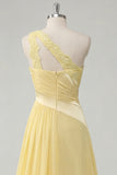 A-Line Chiffon Butter Yellow One Shoulder Ruched Maxi Dress with Slit