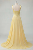 A-Line Butter Yellow Chiffon Square Neck Corset Maxi Dress