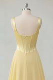A-Line Butter Yellow Chiffon Square Neck Corset Maxi Dress