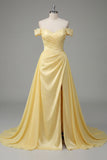 Butter Yellow A-Line Off the Shoulder Ruched Maxi Dress with Slit