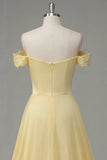 Butter Yellow A-Line Off the Shoulder Ruched Maxi Dress with Slit