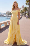 Off the Shoulder Chiffon Butter Yellow A-Line Ruched Maxi Dress with Slit