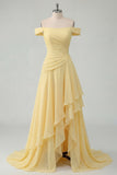 Off the Shoulder Chiffon Butter Yellow A-Line Ruched Maxi Dress with Slit