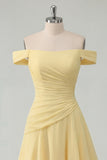 Off the Shoulder Chiffon Butter Yellow A-Line Ruched Maxi Dress with Slit