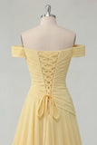 Off the Shoulder Chiffon Butter Yellow A-Line Ruched Maxi Dress with Slit