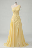 Butter Yellow A-Line One Shoulder Chiffon Ruched Maxi Dress with Slit