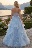 Blue A-Line Sweetheart Corset Appliqued Long Prom Dress with Beading