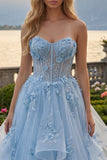 Blue A-Line Sweetheart Corset Appliqued Long Prom Dress with Beading