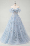 Blue A-Line Off the Shoulder Corset Beaded Long Prom Dress with Appliqued 3D Flowers