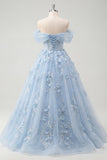 Blue A-Line Off the Shoulder Corset Beaded Long Prom Dress with Appliqued 3D Flowers