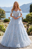 Blue A-Line Off the Shoulder Corset Beaded Long Prom Dress with Appliqued 3D Flowers