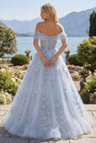 Blue A-Line Off the Shoulder Corset Beaded Long Prom Dress with Appliqued 3D Flowers