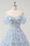 Blue A-Line Off the Shoulder Corset Beaded Long Prom Dress with Appliqued 3D Flowers