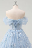 Blue A-Line Off the Shoulder Corset Beaded Long Prom Dress with Appliqued 3D Flowers