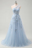 A-Line One Shoulder Blue Corset Appliqued Long Prom Dress with Beading