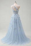 A-Line One Shoulder Blue Corset Appliqued Long Prom Dress with Beading