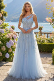 A-Line One Shoulder Blue Corset Appliqued Long Prom Dress with Beading