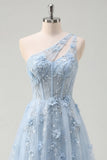 A-Line One Shoulder Blue Corset Appliqued Long Prom Dress with Beading